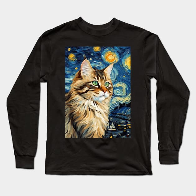 Cute Siberian Cat Breed Painting in a Van Gogh Starry Night Art Style Long Sleeve T-Shirt by Art-Jiyuu